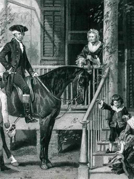 George Washington mit Familie auf seinem Landsitz Mount Vernon, Virginia (Ehefrau Martha, geb. Dandridge, und ihre beiden adoptierten Kinder, Enkel Marthas aus erster Ehe: Eleanor u. George W. Parke-Custis) auf einem Stahlstich aus dem 19. Jahrhundert