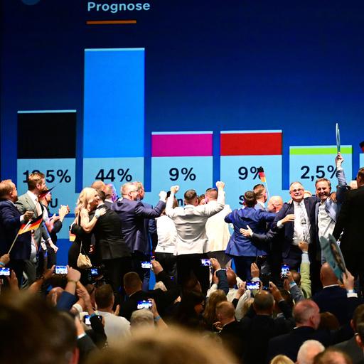 Das Foto zeigt einen Blick auf die Bühne der AfD-Wahlparty. Mehrere Menschen freuen sich und umarmen sich. Im Hintergrund ist ein großes Diagramm mit einem langen blauen Balken zu sehen.