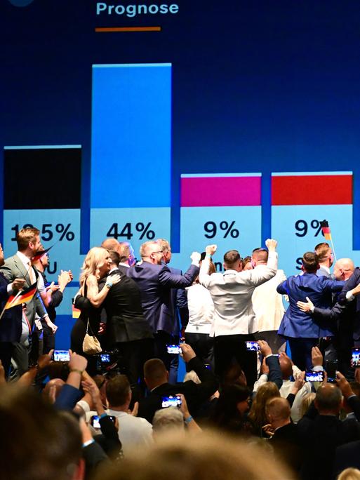 AfD-Anhänger reagieren nach der Prognose zum Ergebnis der Landtagswahl Sachsen-Anhalt bei der Wahlparty der AfD im Alten Theater. 