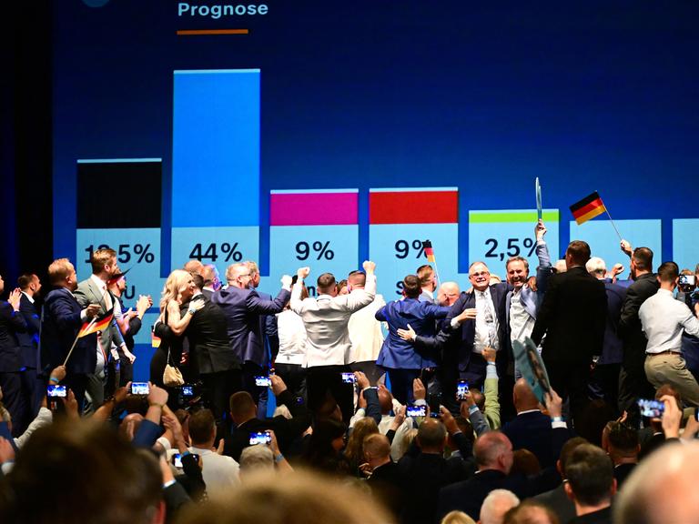 AfD-Anhänger reagieren nach der Prognose zum Ergebnis der Landtagswahl Sachsen-Anhalt bei der Wahlparty der AfD im Alten Theater. 