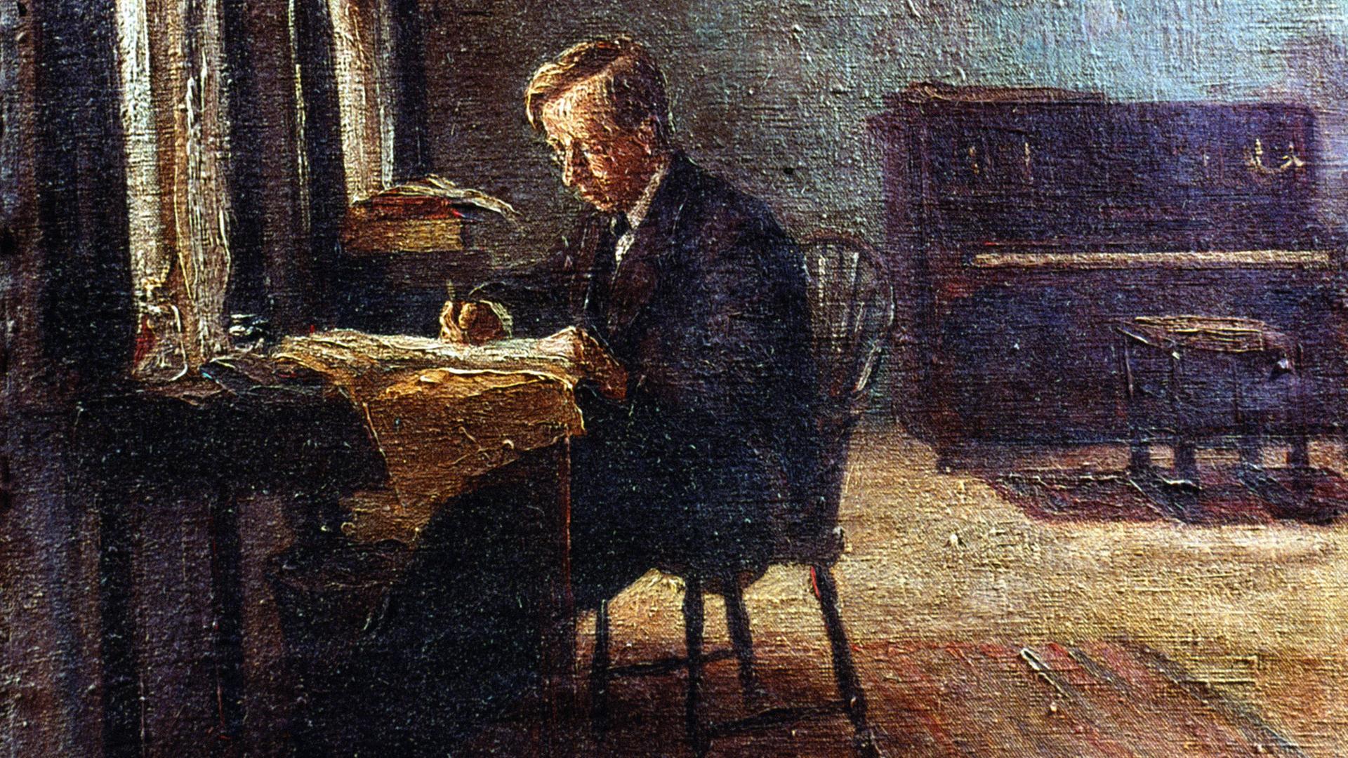 Wir sehen ein gemaltes Bild, auf dem der britische Komponist Gustav Holst abgebildet ist.