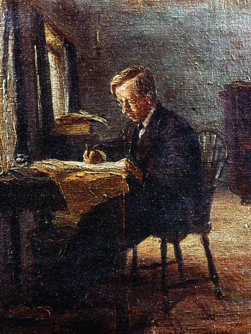 Wir sehen ein gemaltes Bild, auf dem der britische Komponist Gustav Holst abgebildet ist.