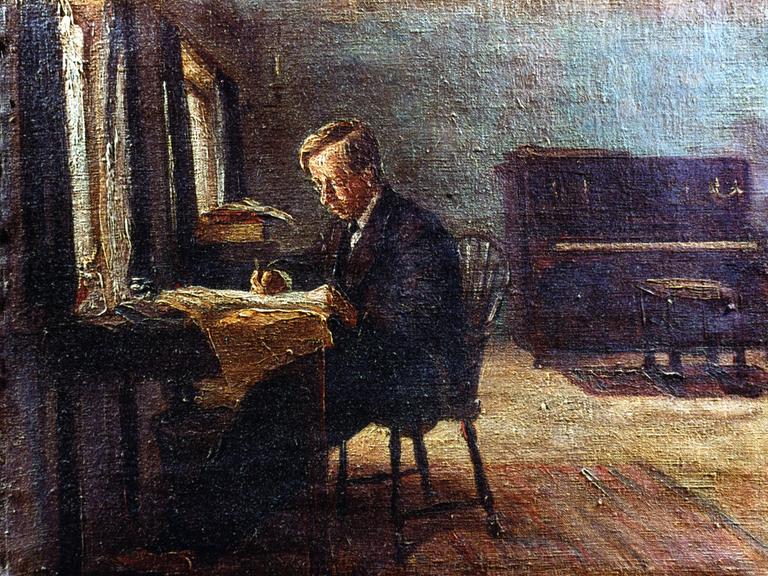 Wir sehen ein gemaltes Bild, auf dem der britische Komponist Gustav Holst abgebildet ist.