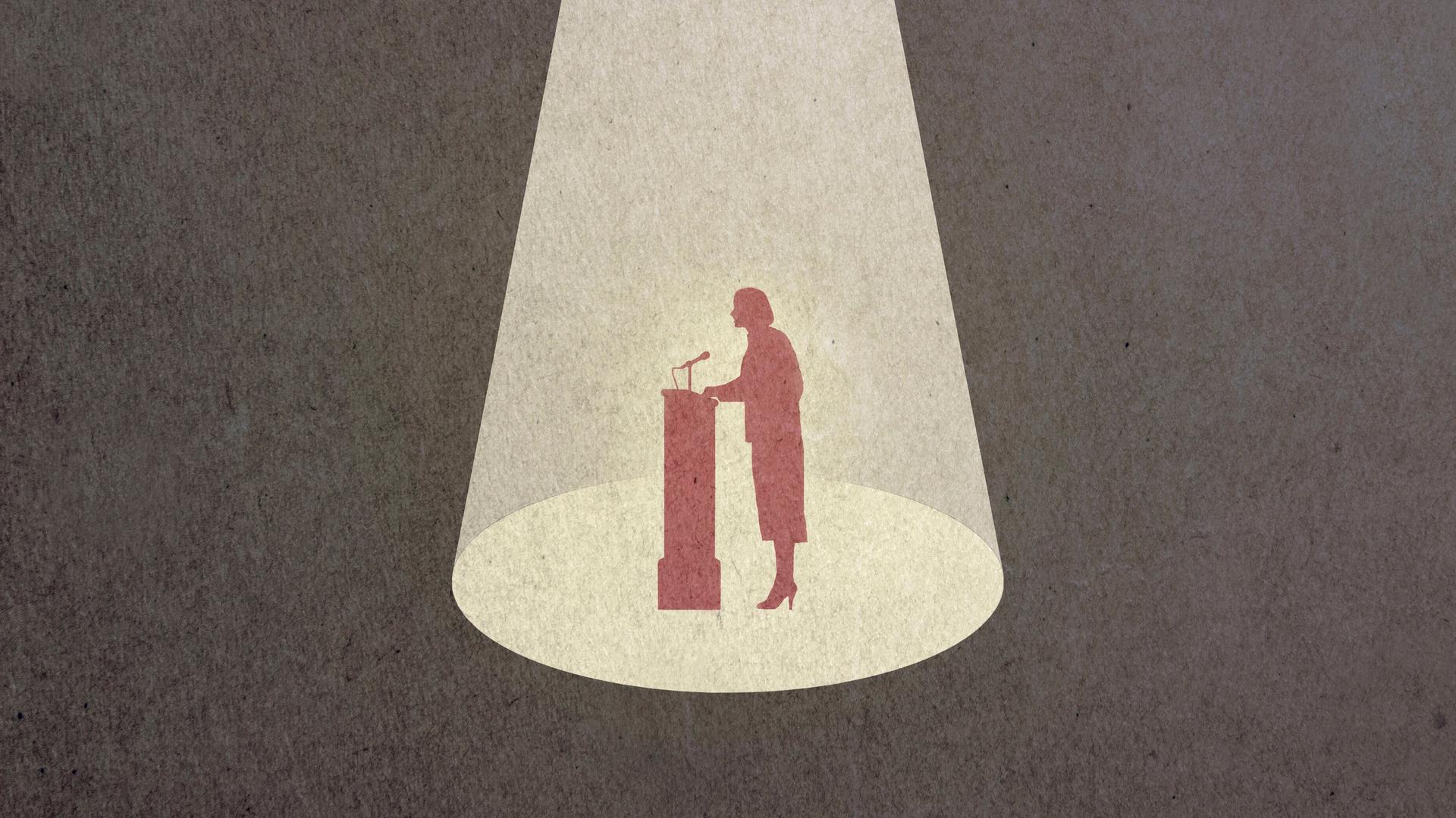 Illustration: Politikerin auf dem Podium im Rampenlicht