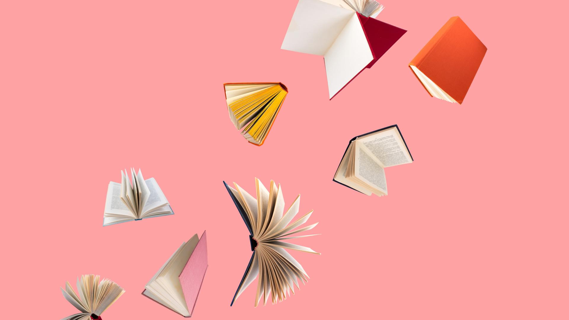 Farbig bezogene Bücher fliegen vor einem rosa Hintergrund durch die Luft.