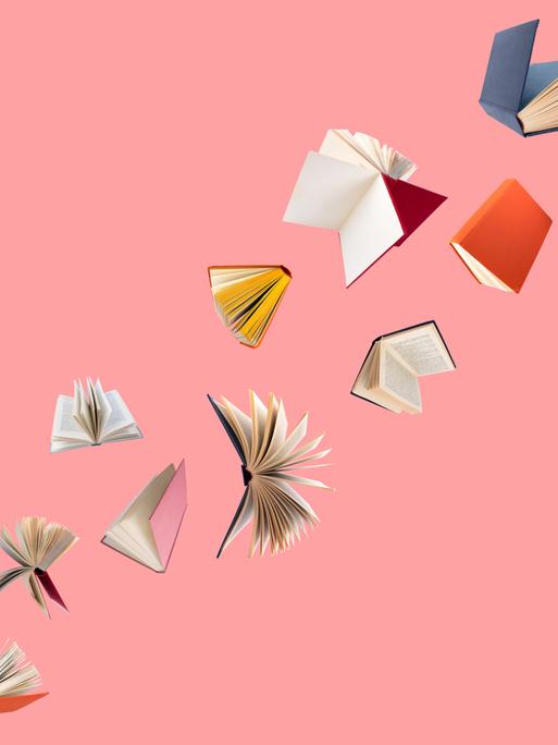 Farbig bezogene Bücher fliegen vor einem rosa Hintergrund durch die Luft. Farbig bezogene Bücher fliegen vor einem rosa Hintergrund durch die Luft.