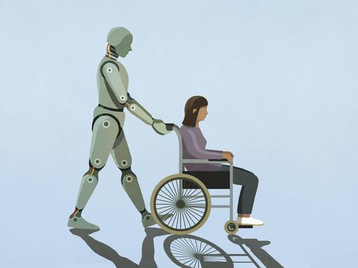 Illustration: Ein Roboter schiebt eine Frau in einem Rollstuhl. 