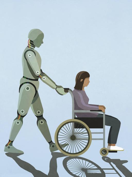 Illustration: Ein Roboter schiebt eine Frau in einem Rollstuhl. 