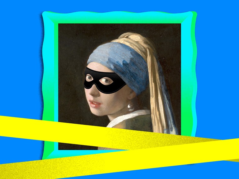 Podcast: Tatort Kunst - der Trailer. 
Eine Illustration des Bildes „Das Mädchen mit dem Perlenohrring“ von Jan Vermeer, davor gelbes Absperrband auf dem "Tatort Kunst" steht.