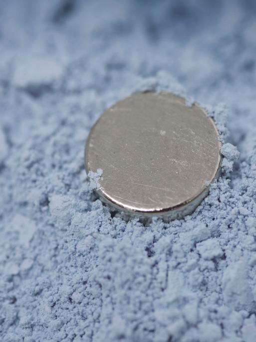 Die pulverförmige bläuliche Seltene Erde Neodymoxid. Darin liegt ein runder Magnet.