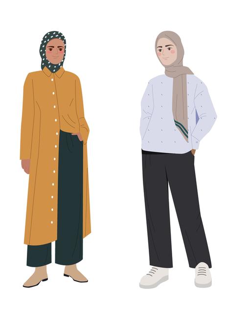 Illustration: Eine Reihe von unterschiedlichen muslimischen Frauen, in traditioneller Freizeitkleidung und Kopfbedeckung.
