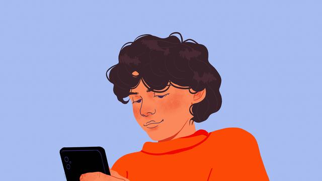 Illustration einer braunhaarigen jungen Frau mit einem Smartphone