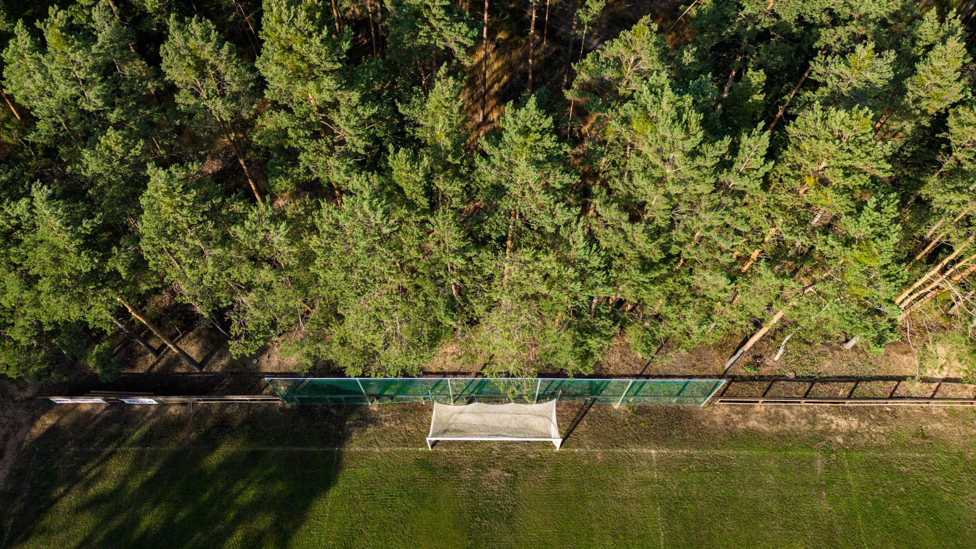 Blick von oben auf einen Fußballplatz der mitten in einen Wald grenzt.