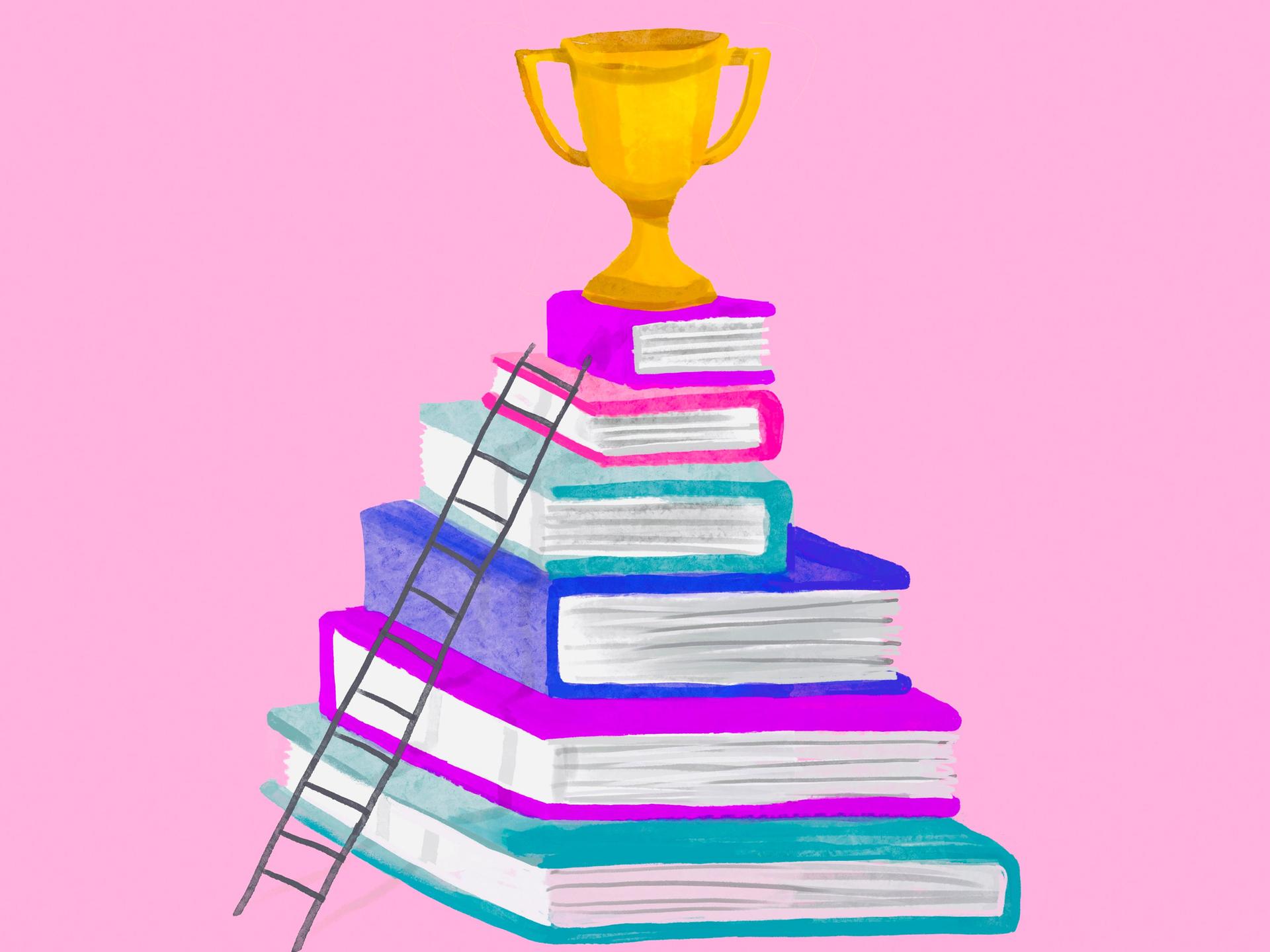Illustration von einem Pokal auf einem Stapel mit Büchern, an denen eine Leiter lehnt, vor rosafarbenen Hintergrund. 