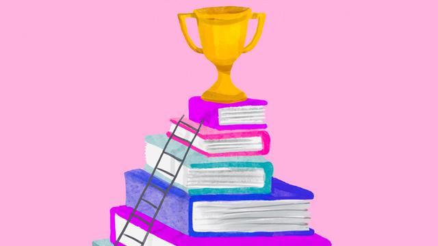 Illustration von einem Pokal auf einem Stapel mit Büchern, an denen eine Leiter lehnt, vor rosafarbenen Hintergrund. 