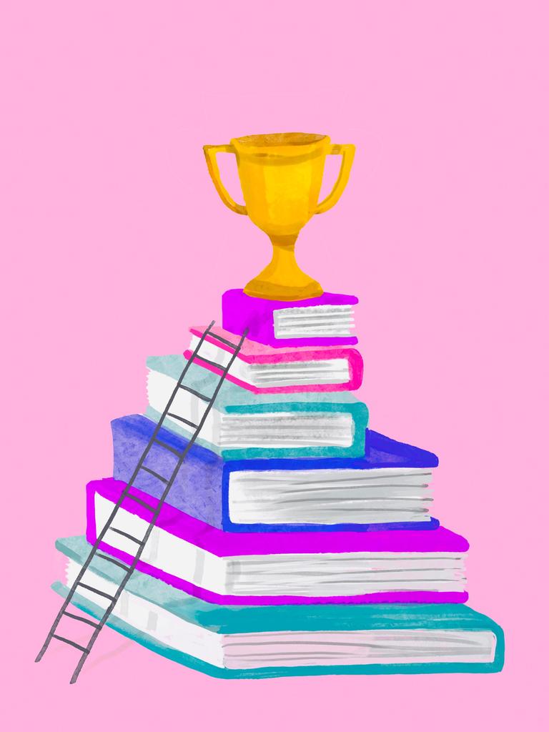 Illustration von einem Pokal auf einem Stapel mit Büchern, an denen eine Leiter lehnt, vor rosafarbenen Hintergrund. 