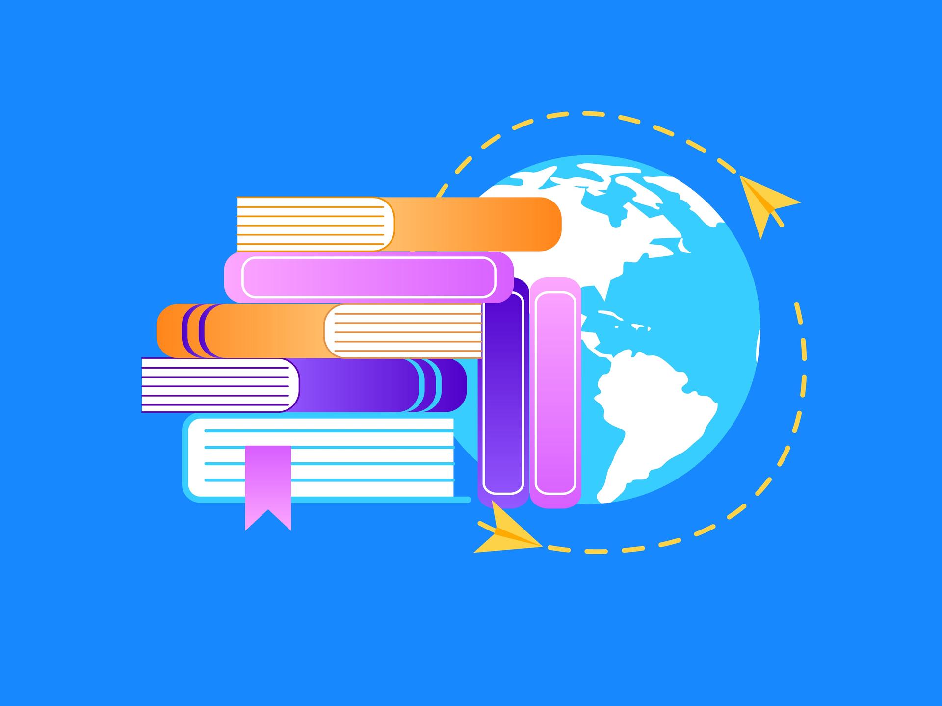 Ein Stapel Bücher steht vor einem Globus um den Papierflugzeuge fliegen. (Illustration)