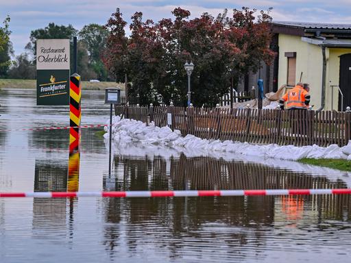 Das Restaurant "Oderblick" im Osten Brandenburgs wird mit einem Wall aus Sandsäcken vor dem Hochwasser der Oder geschützt.