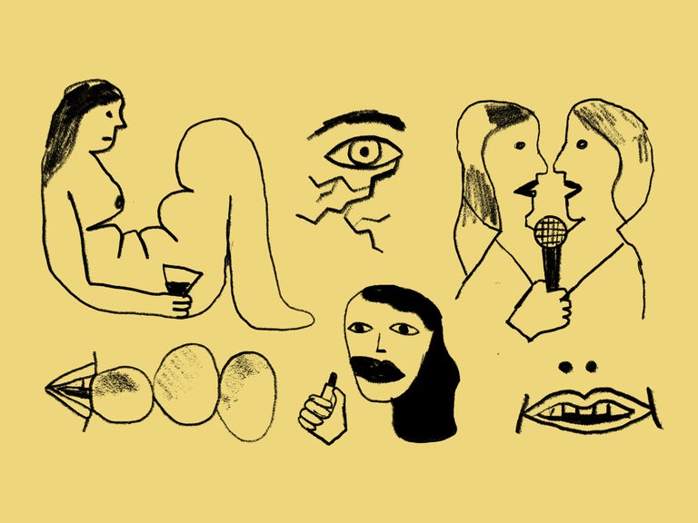 Mehrere Zeichnungen von Frauen und Mikrofonen