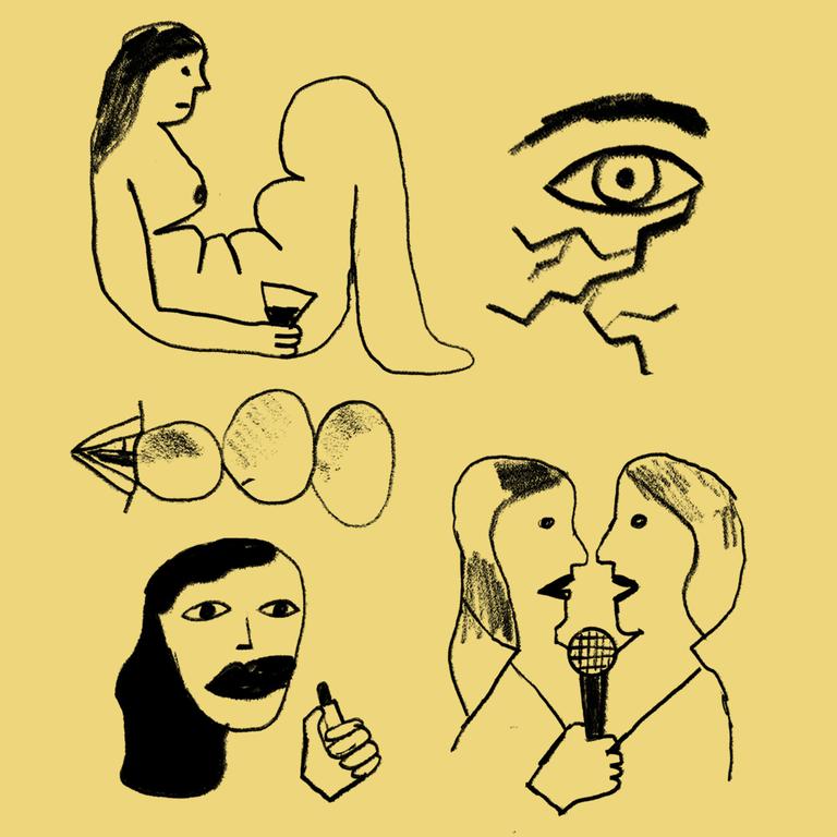 Mehrere Zeichnungen von Frauen und Mikrofonen Mehrere Zeichnungen von Frauen und Mikrofonen