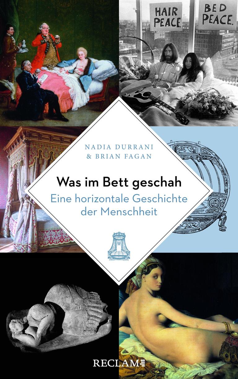 Das Buchcover zeigt eine Collage von Gemälden und Fotos historischer Betten, darüber eine Raute mit dem Buchtitel und den Autorenname. 