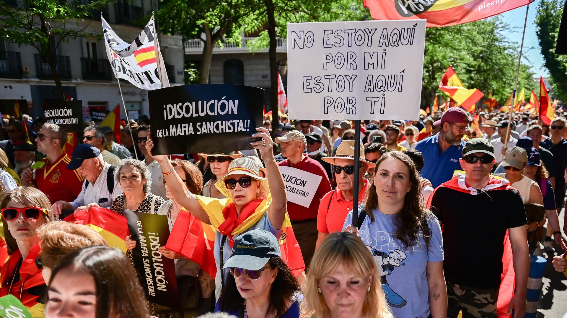 Protestteilnehmer in Madrid halten Schilder in die Höhe. 