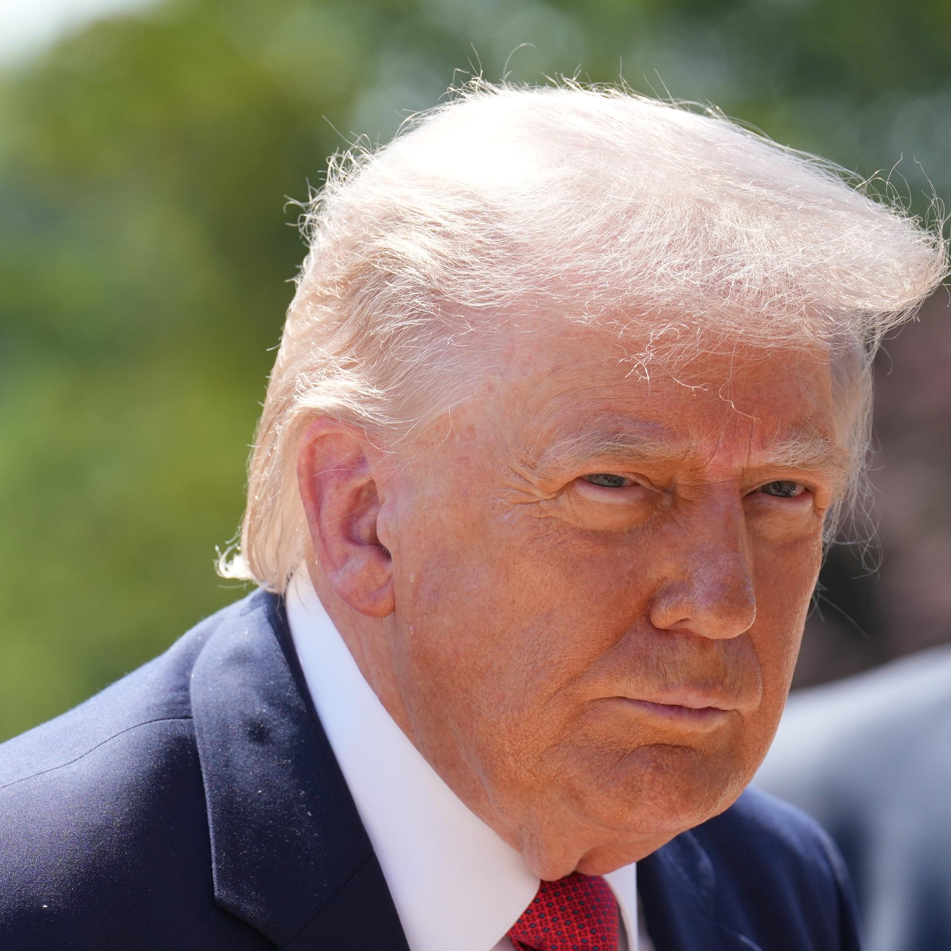 Ein Portrait von US-Präsident Donald Trump. Trump sieht zur Seite, im Hintergrund sind unscharf Bäume zu sehen.