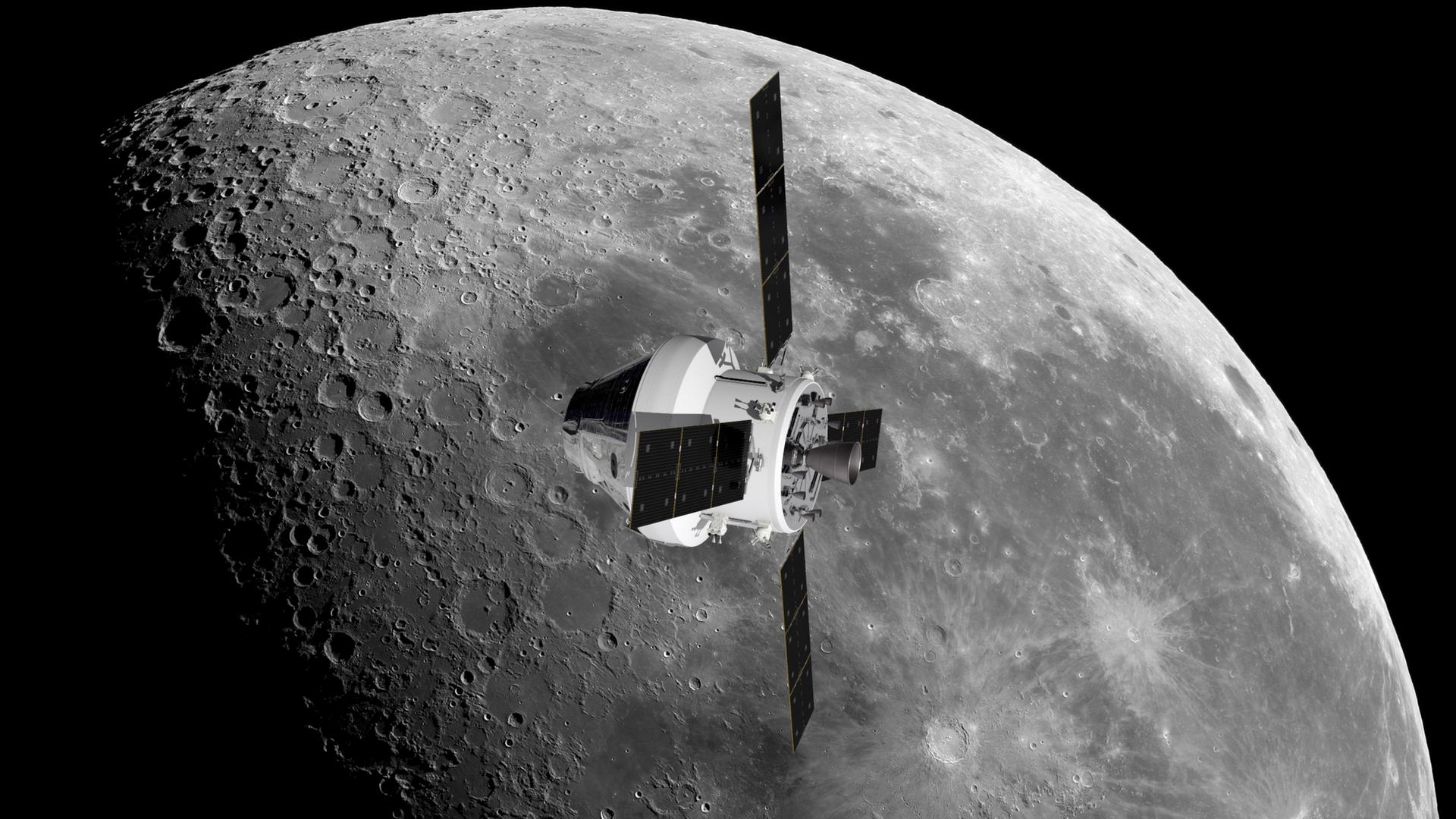 Nur noch zweimal zum Mond? Das Raumschiff Orion, gebaut von NASA und ESA, vor unserem Trabanten (Montage). 