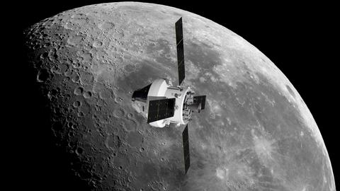 Nur noch zweimal zum Mond? Das Raumschiff Orion, gebaut von NASA und ESA, vor unserem Trabanten (Montage). 