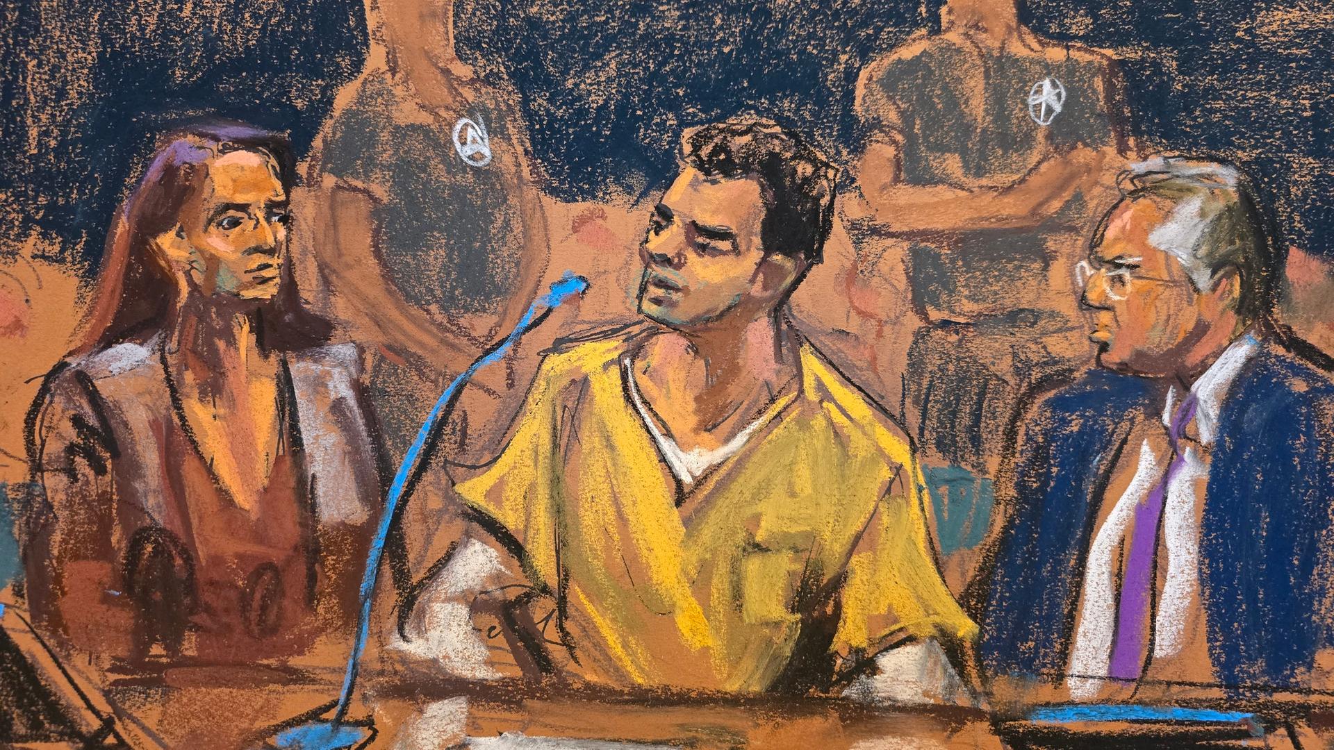 Auf dieser Gerichtszeichnung sitzt Luigi Mangione (M) in einem gelben Oberteil zwischen seinen Anwälten im Gerichtssaal. Auf dieser Gerichtszeichnung sitzt Luigi Mangione (M) in einem gelben Oberteil zwischen seinen Anwälten im Gerichtssaal.