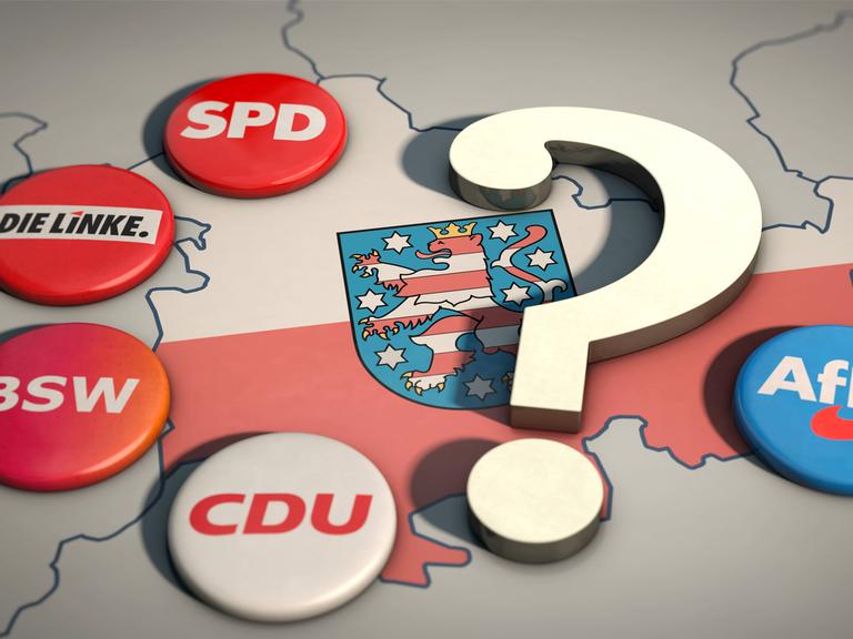 Auf einer Karte von Thüringen liegen die Buttons der verschiedenen politischen Paarteien sowie ein großes Fragezeichen.