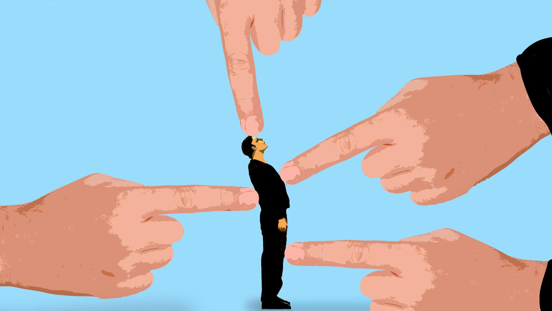 Illustration einer Person, die von überdimensional großen Händen mit Zeigefingern umgeben ist. Illustration einer Person, die von überdimensional großen Händen mit Zeigefingern umgeben ist.