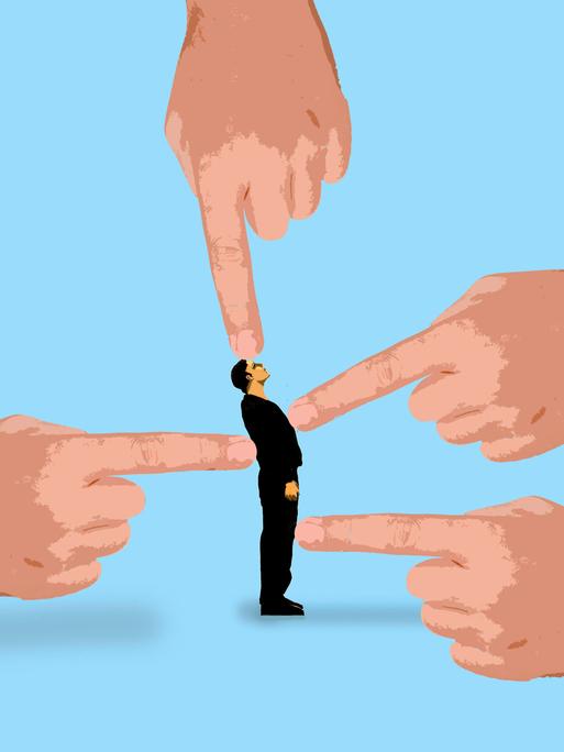 Illustration einer Person, die von überdimensional großen Händen mit Zeigefingern umgeben ist.