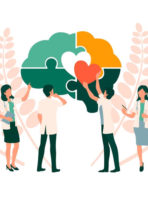 Illustration: Ein Team von Ärzten, die ein symbolisches Gehirn mit einem Herz-Puzzle-Teilchen zusammensetzt. Konzept für Wellness,  psychische Gesundheit und Achtsamkeit.