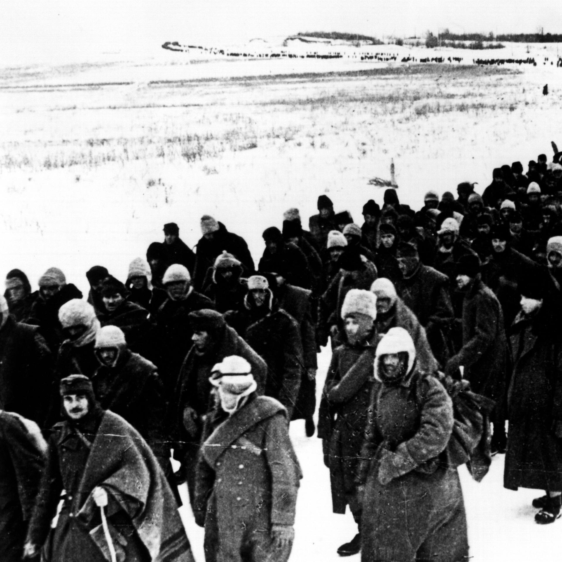 Auf dem groben schwarz-weißen Foto sieht man eine Kolonne zerlumpter Gefangener, die sich bis zum Horizont zieht. Sie geht durch eine flache Schneelandschaft.