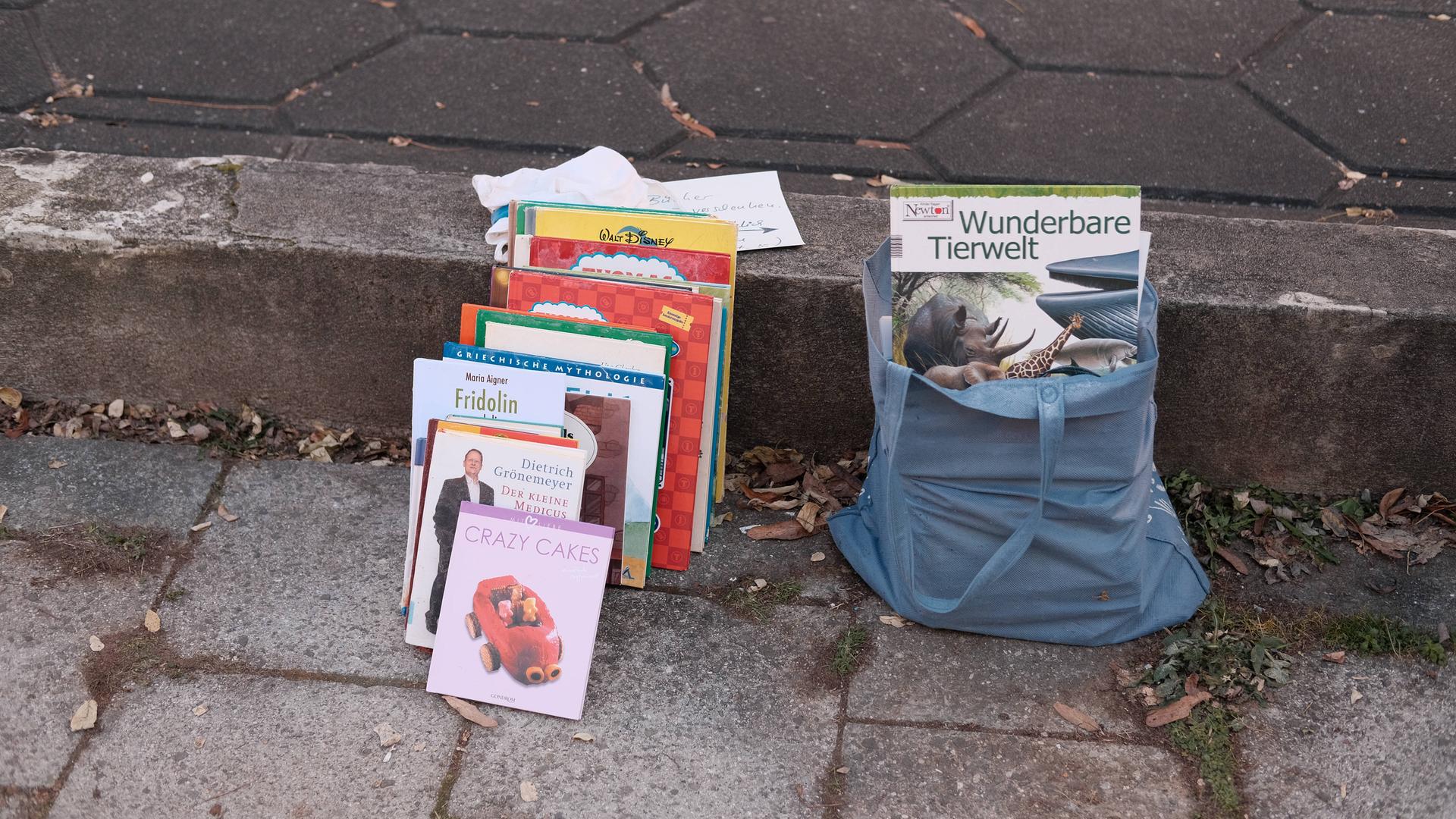 Bücher stehen zur kostenlosen Mitnahme am Bordsteinrand.