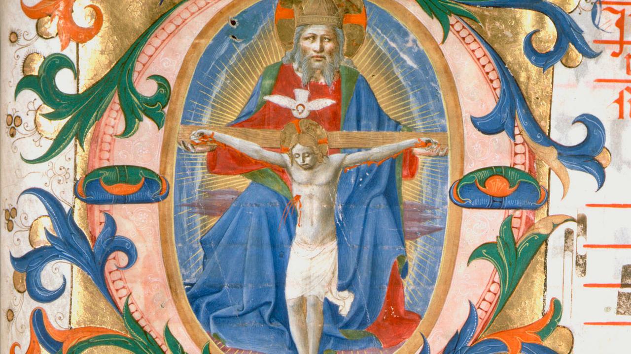 Buchmalerei der Initiale 'O' mit Heiliger Dreifaltigkeit von Zanobi Strozzi Buchmalerei der Initiale 'O' mit Heiliger Dreifaltigkeit von Zanobi Strozzi