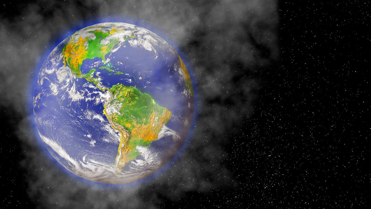 Konzeptuelle Illustration zur Globalen Erwärmung. Um die Erde vom Weltall aus gesehen scheint es zu dampfen. 