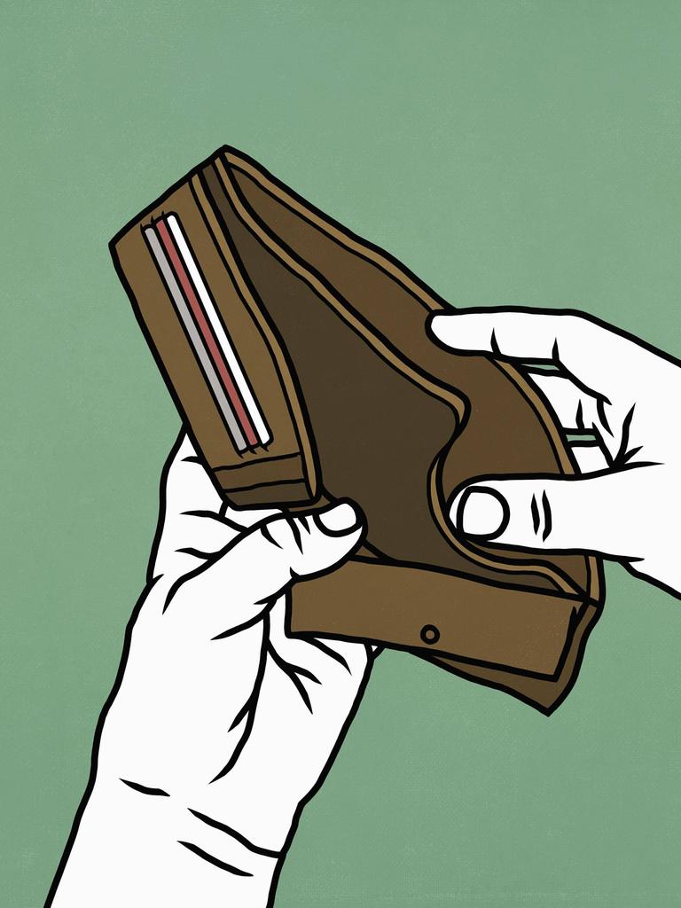 Illustration zeigt Hände mit einer geöffneten aber leeren Geldbörse.