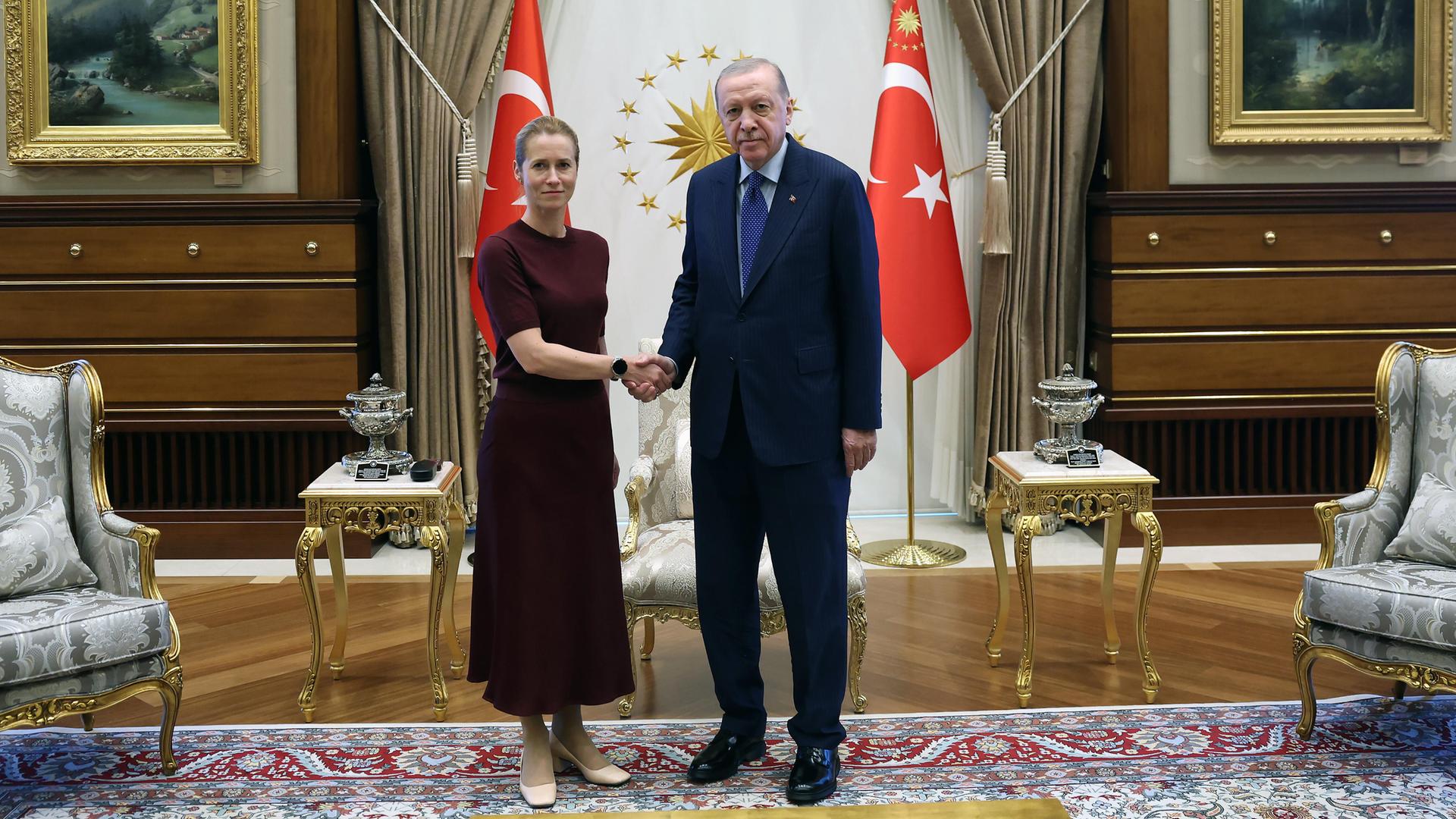 Die EU-Außenbeauftragte Kallas und der türkische Präsident schütteln sich die Hand.