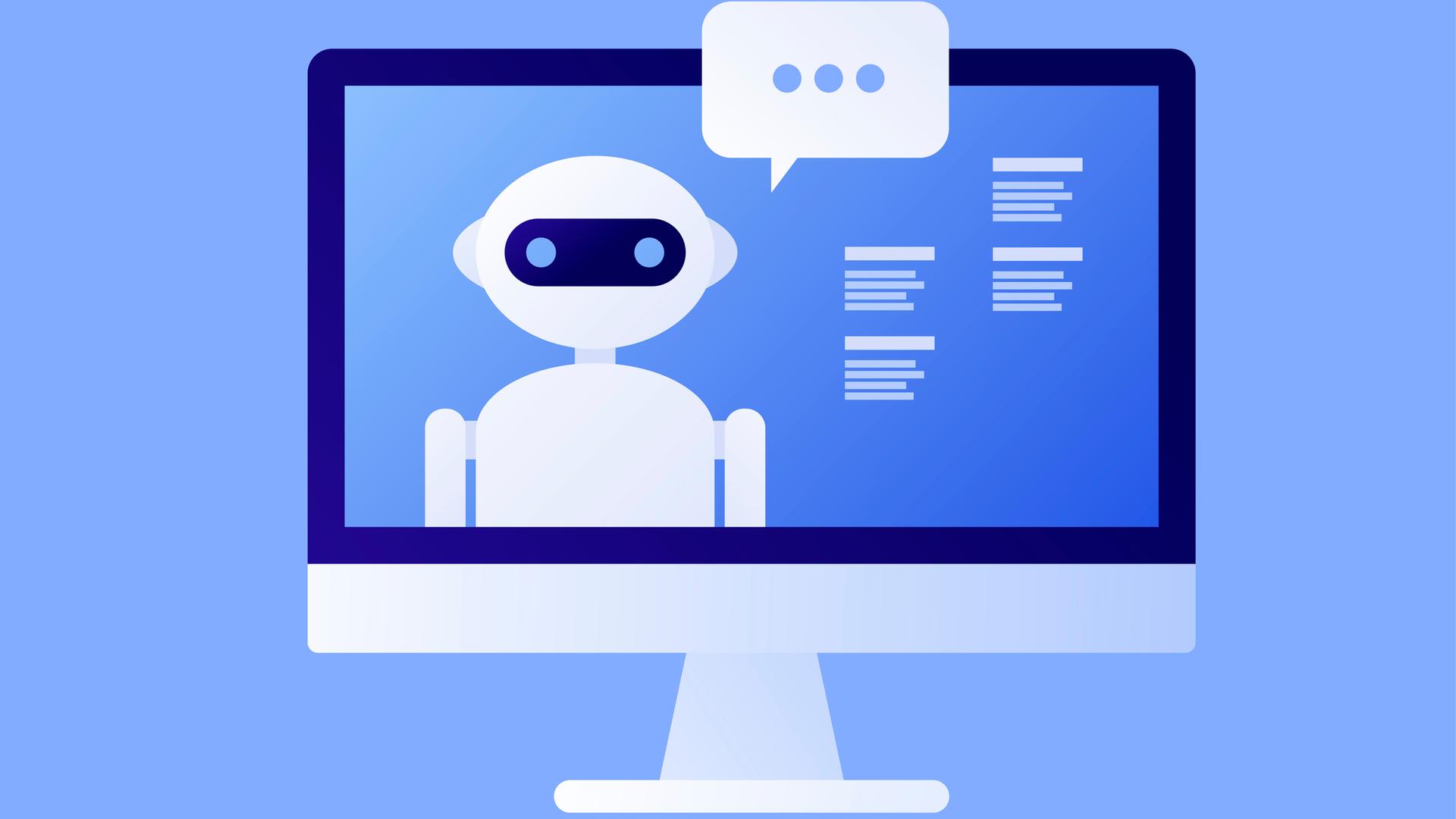 Illustration eines Monitors vor blauem Hintergrund, auf dem ein Roboter angebracht ist, der in Sprechblasen kommuniziert. Der Hintergrund ist blau.