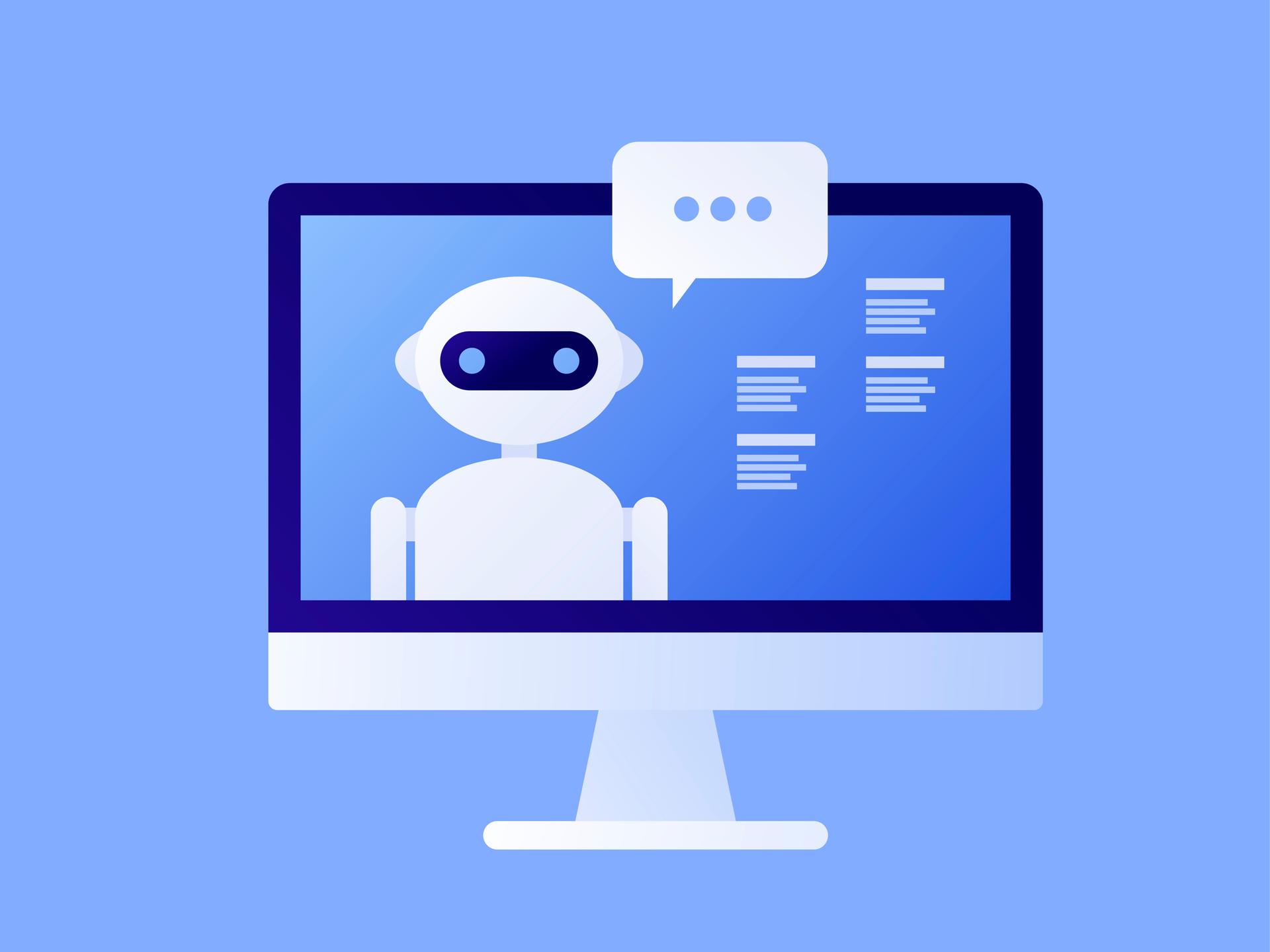 Illustration eines Monitors vor blauem Hintergrund, auf dem ein Roboter angebracht ist, der in Sprechblasen kommuniziert. Der Hintergrund ist blau.