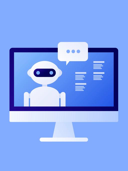 Illustration eines Monitors vor blauem Hintergrund, auf dem ein Roboter angebracht ist, der in Sprechblasen kommuniziert. Der Hintergrund ist blau.