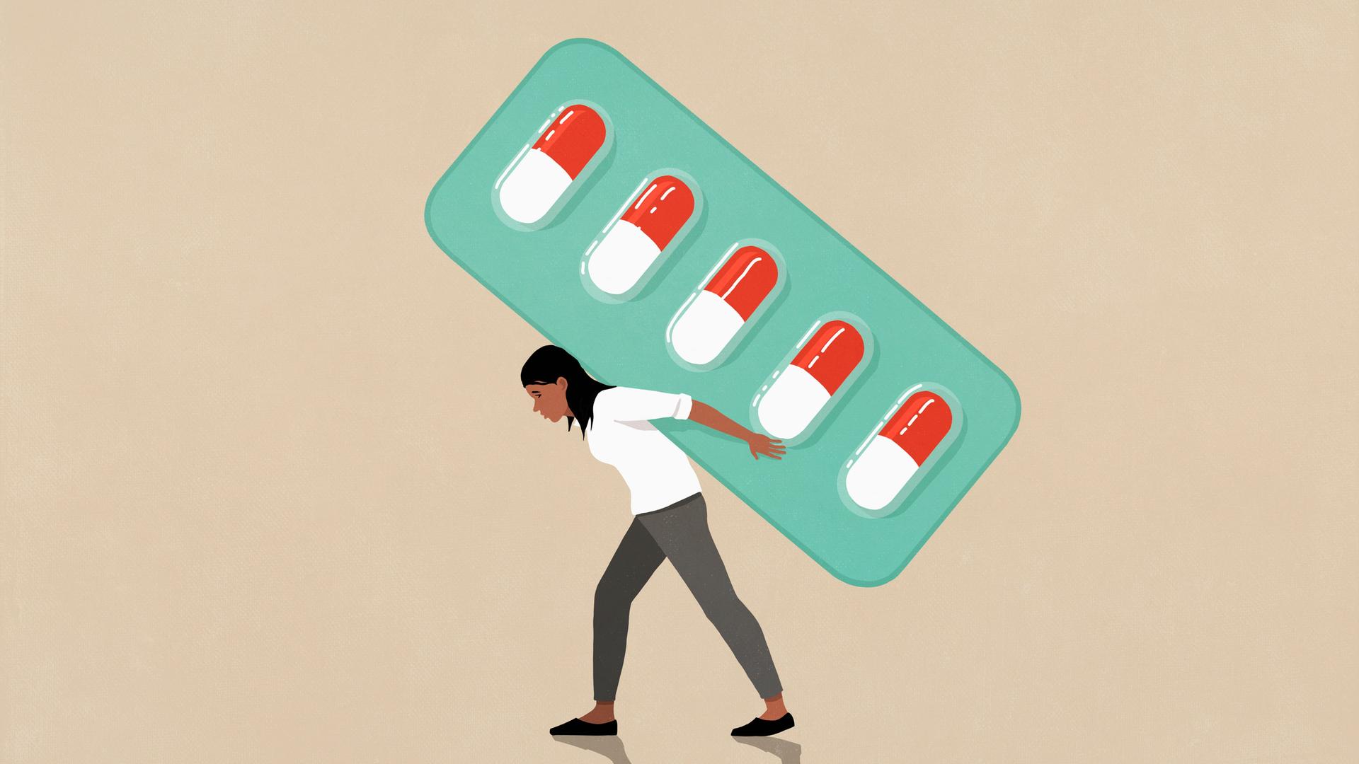 Eine Illustration zeigt eine Frau, die eine übergoße Medikamentenpackung trägt.