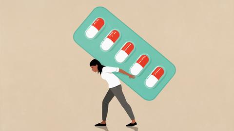 Eine Illustration zeigt eine Frau, die eine übergoße Medikamentenpackung trägt. Eine Illustration zeigt eine Frau, die eine übergoße Medikamentenpackung trägt.