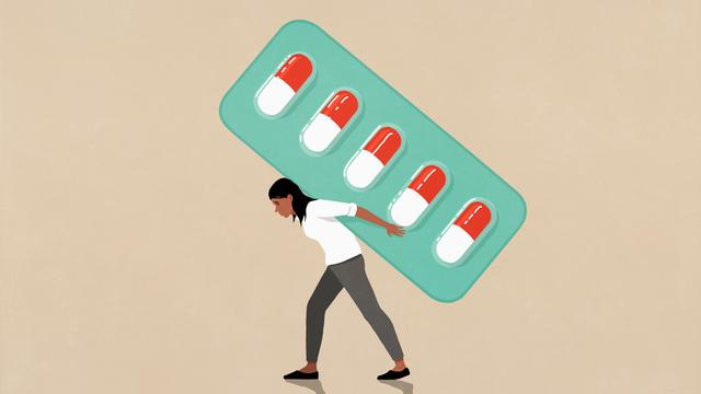 Eine Illustration zeigt eine Frau, die eine übergoße Medikamentenpackung trägt. Eine Illustration zeigt eine Frau, die eine übergoße Medikamentenpackung trägt.