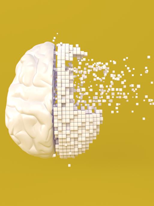 Illustration eines Gehirns auf gelbem Grund, dessen rechte Hälfte sich in weißen Pixeln auflöst.