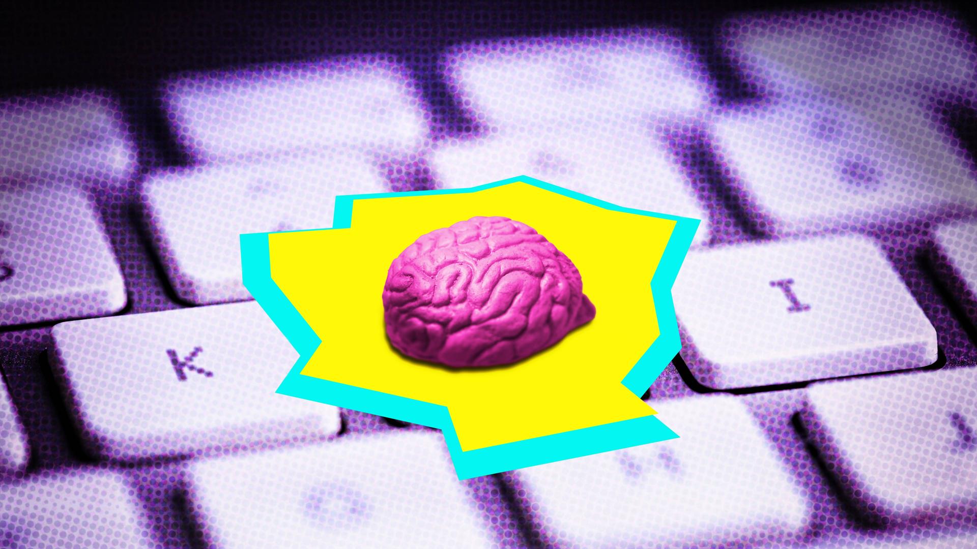 Fotomontage von einem Gehirn, das auf einer Computertastatur zwischen den Buchstaben K und I liegt.