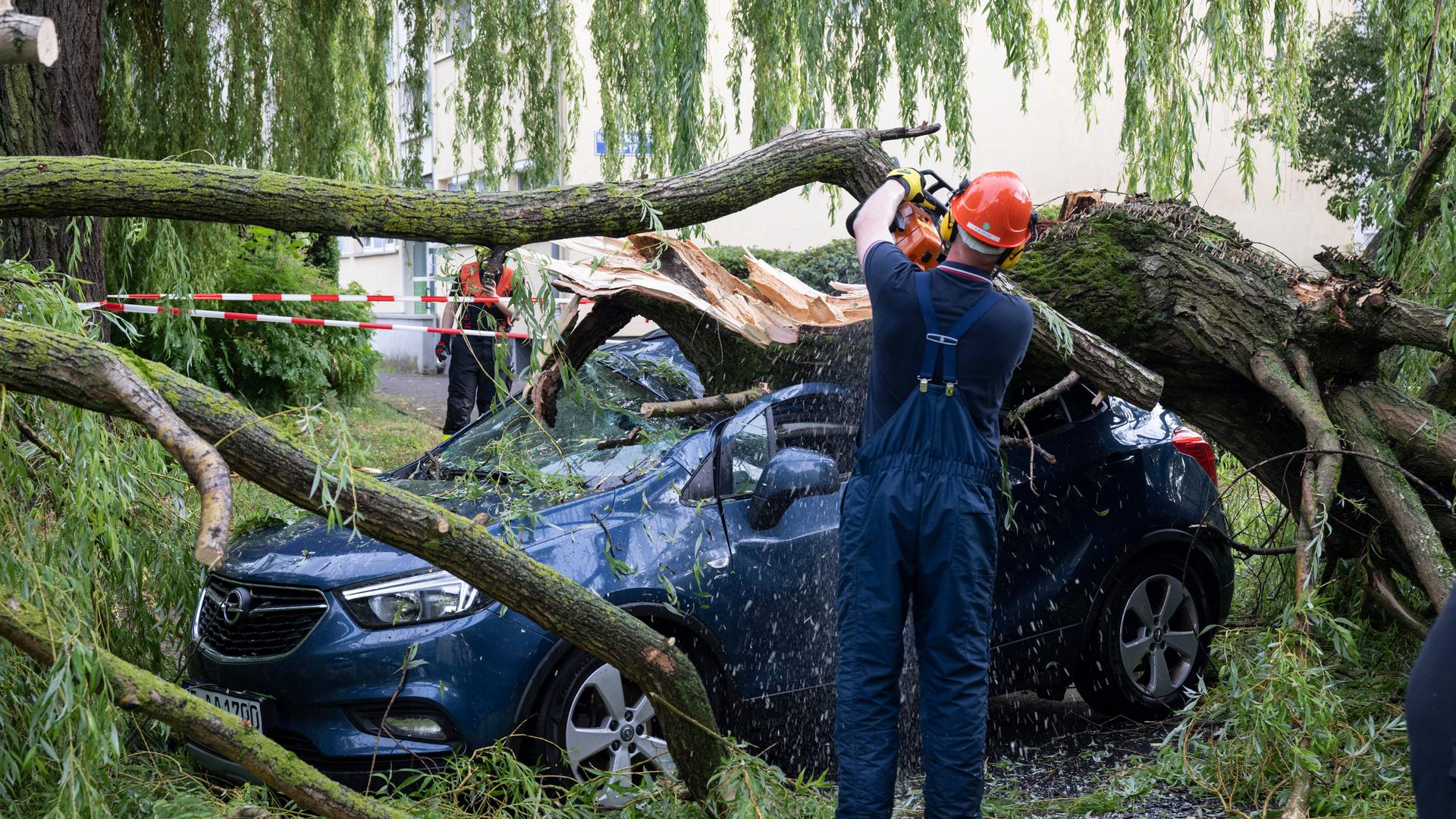 Nach einem schweren Unwetter räumen Feuerwehrleute Äste eines umgestürzten Baumes von einem geparkten Auto.