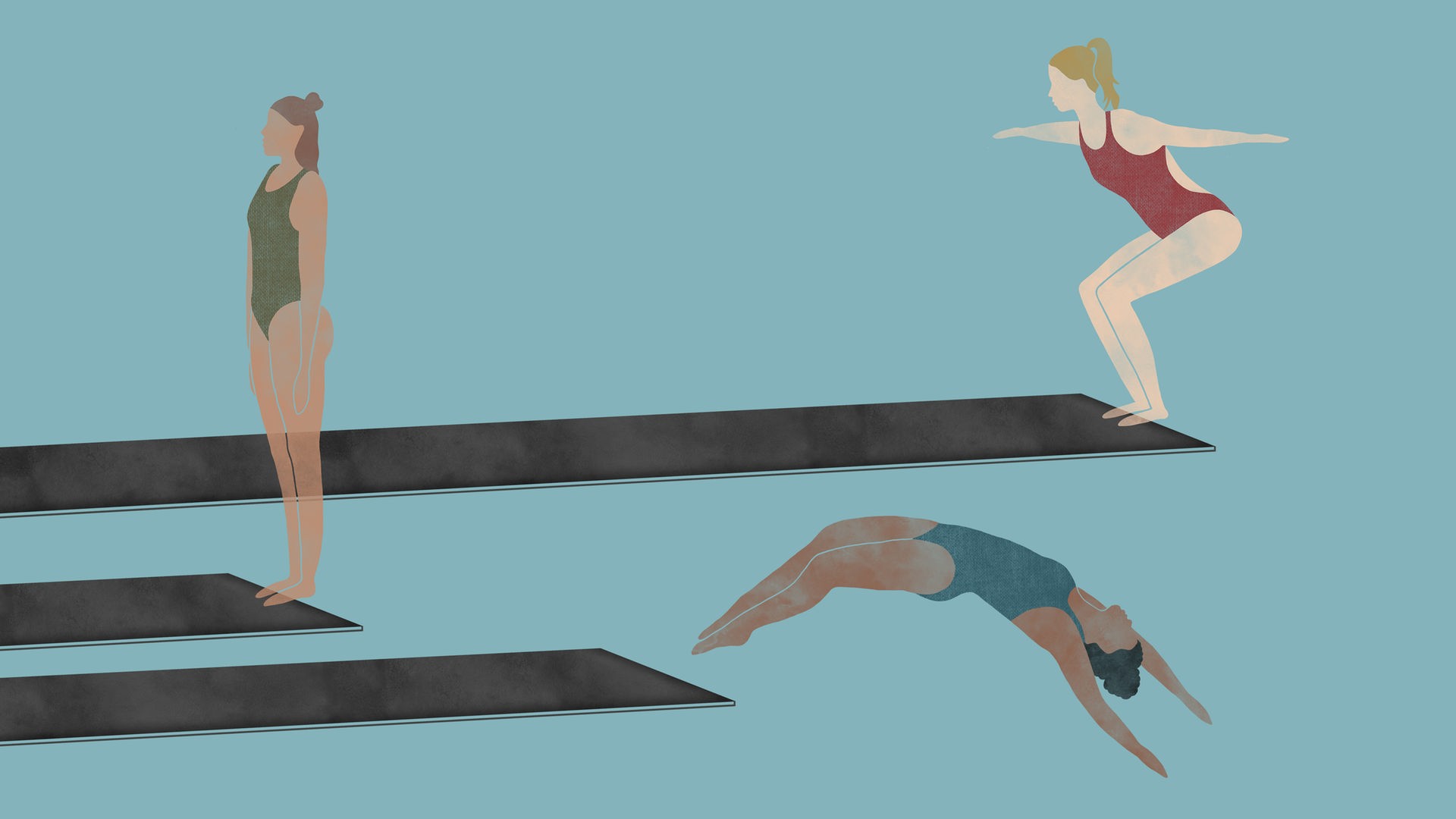 Die Turmspringerinnen: Die Zeichnung zum Podcast zeigt drei Turmspringerinnen auf Sprungbrettern. Eine bereitet sich auf den Sprung vor, eine ist kurz vor dem Absprung, die dritte ist schon in der Luft